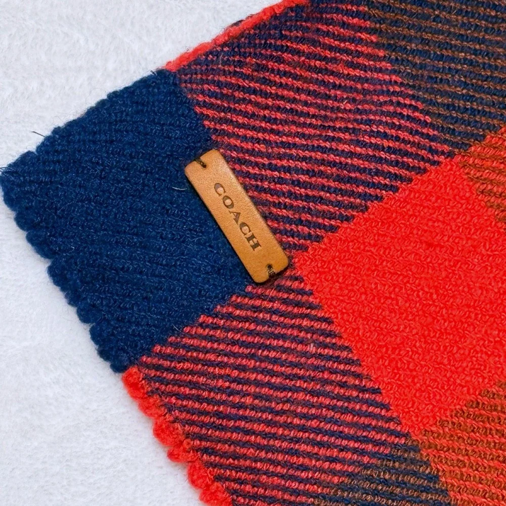 Coach Red Blue Buffalo Plaid Scarf OS Wool Cashmere Blend Leather Logo Fringe